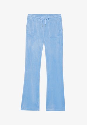 Pantalones de terciopelo azules acampanados con cintura elástica, cierre de cordón y dos bolsillos frontales. Textura suave con un acabado blando.