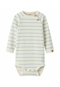 Body à manches longues en maille côtelée crème avec des rayures bleues. Doté d'un accent en bouton en bois au niveau du col et de pressions à la base.