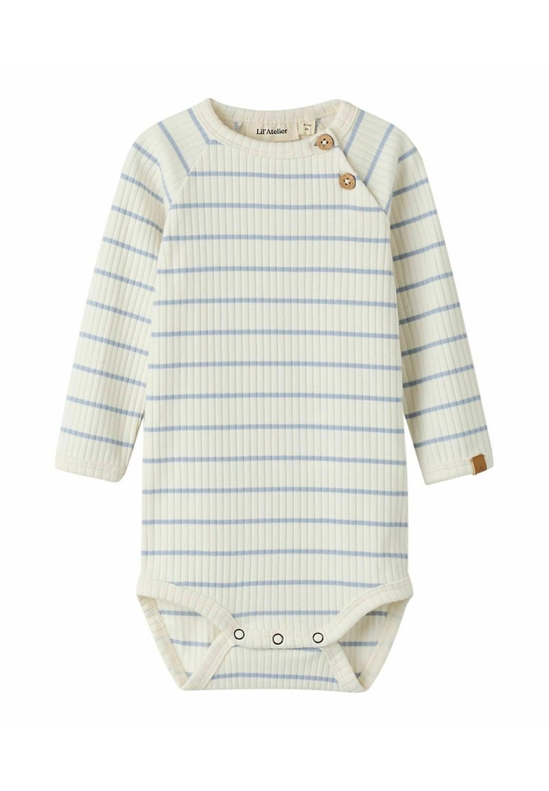 Body à manches longues en maille côtelée crème avec des rayures bleues. Doté d'un accent en bouton en bois au niveau du col et de pressions à la base.