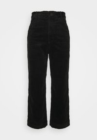 Pantalon en velours côtelé noir à taille haute, coupe large, tissu texturé en côtes et fermeture à bouton sur le devant.