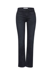 Vaqueros de mezclilla azul oscuro con corte de pierna recta, cintura de altura media, bolsillos delanteros y cierre de botón. Textura suave, sin patrones visibles.