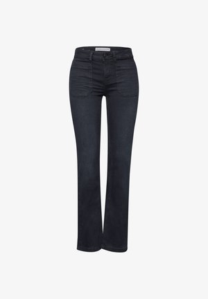 Ciemnoniebieskie jeansy denimowe o prostym kroju nogawek, z talią o średnim stanie, przednimi kieszeniami i zapięciem na guziki. Gładka faktura, bez widocznych wzorów.