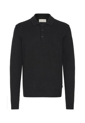 Mustapaitainen neulepusero, jossa on kauluskollari, kolmen napin lista, pitkät hihat, joustavat hihansuut ja helma. Materiaalina on teksturoitu kangas.