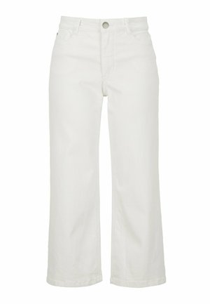 Hvide jeans med høj talje og lige ben, med knaplukning foran og lommedetaljer, vist på en ensfarvet hvid baggrund.