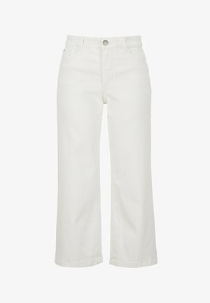 Hvide jeans med høj talje og lige ben, med knaplukning foran og lommedetaljer, vist på en ensfarvet hvid baggrund.