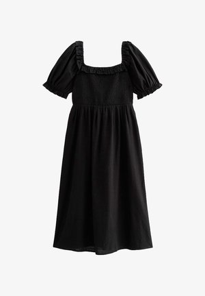 Zwarte jurk met pofmouwen en een vierkante halslijn. Gerimpelde bodice die leidt naar een vloeiende midi-rok. Glad textuur, effen kleur.