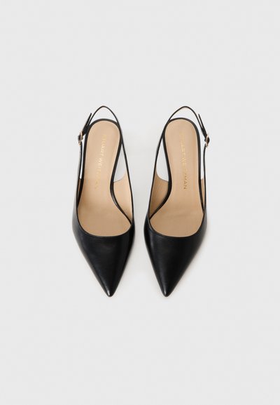 Mustarunud terava ninaga slingback-kontsade paar, millel on beež siseosa ja kuldsed kinnitustooted, valgel taustal.
