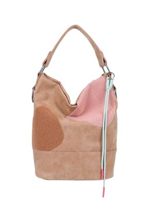 Light brown handbag with pink and tan textured patches, single strap, and mint green cord with pink tips hanging from metal rings.