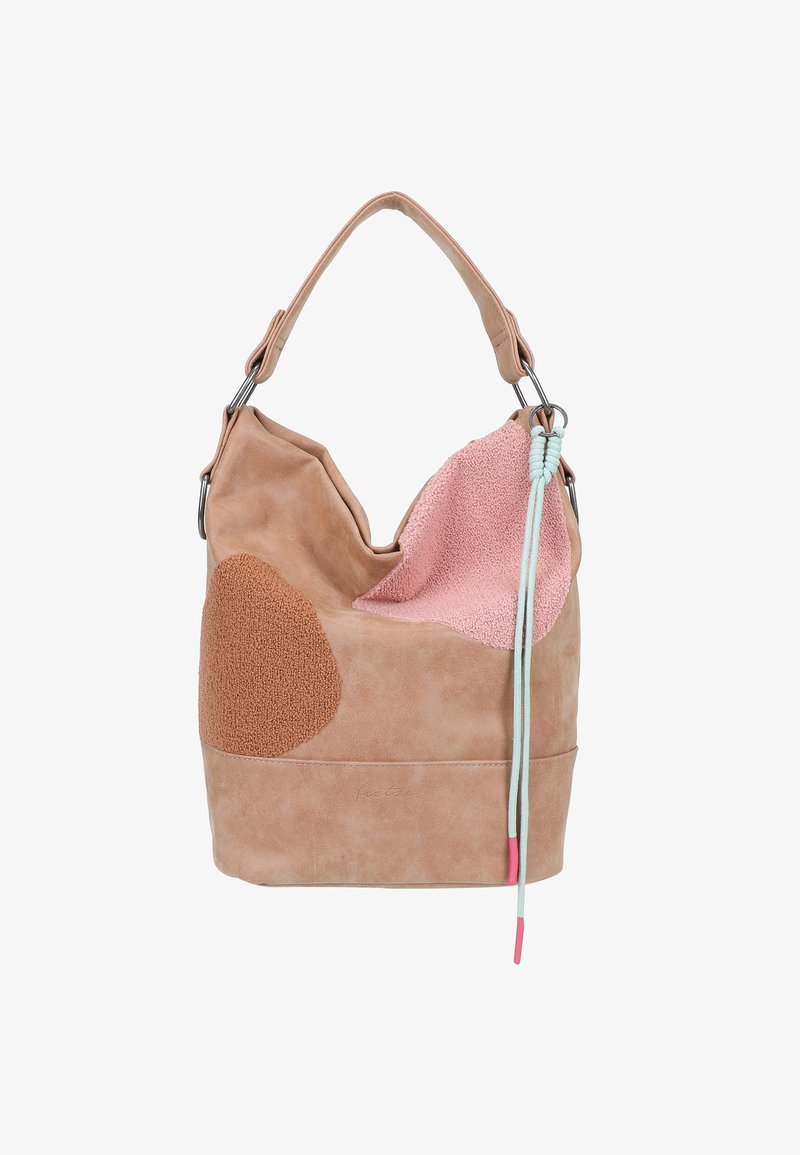 Borsa a mano marrone chiaro con toppe testurizzate rosa e beige, con una sola tracolla e un cordino verde menta con punte rosa che pende da anelli metallici.
