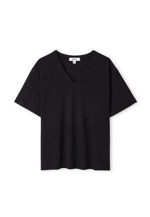 Czarna bawełniana koszulka z krótkimi rękawami, dekoltem w serek i luźnym krojem. Gładka tekstura i prosty dół bez ozdób.