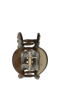 Mollette per capelli in plastica marrone con meccanismo centrale trasparente, adornate con piccoli strass color bronzo sui lati, dal design curvo.