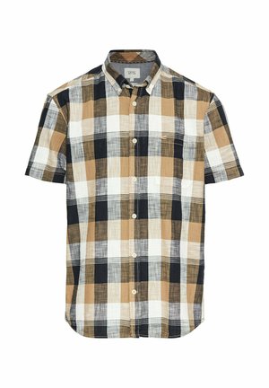 Short-sleeve shirt in a brown, black, and white plaid pattern. Features a button-down collar, chest pocket, and a slightly curved hem.