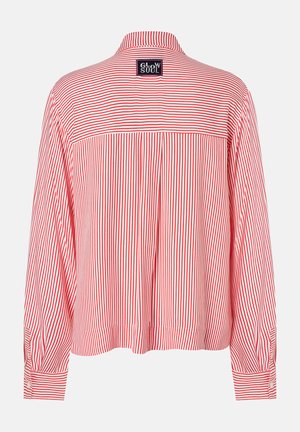 Rot-weißt gestreift, langärmeliges Hemd mit Rückenpasse, geknöpften Manschetten und einem aufgenähten Etikett am Kragen. Leichter Stoff.