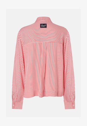 Rot-weißt gestreift, langärmeliges Hemd mit Rückenpasse, geknöpften Manschetten und einem aufgenähten Etikett am Kragen. Leichter Stoff.