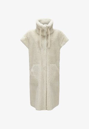 Helles cremefarbenes Kurzarm-Cardigan mit hohem Kragen, aus strukturiertem Stoff. Verfügt über einen Frontreißverschluss und zwei Seitentaschen.