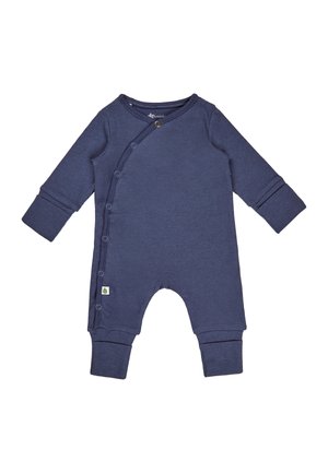 Navy blue baby romper made of ribbed fabric, featuring a wrap design, snap buttons, long sleeves, and ribbed cuffs.