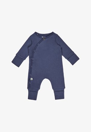 Navy blue baby romper made of ribbed fabric, featuring a wrap design, snap buttons, long sleeves, and ribbed cuffs.