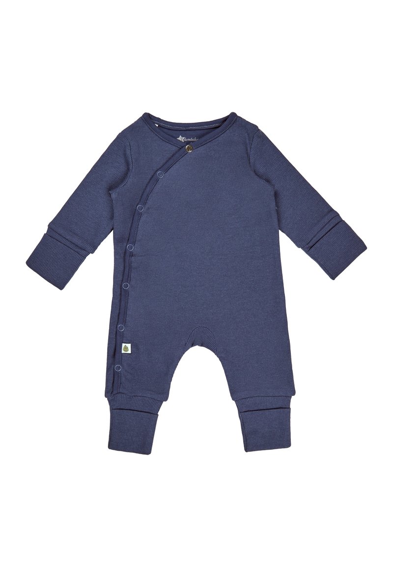 Navy-blauer Baby-Overall aus geripptem Stoff, mit Wickeldesign, Druckknöpfen, langen Ärmeln und gerippten Bündchen.