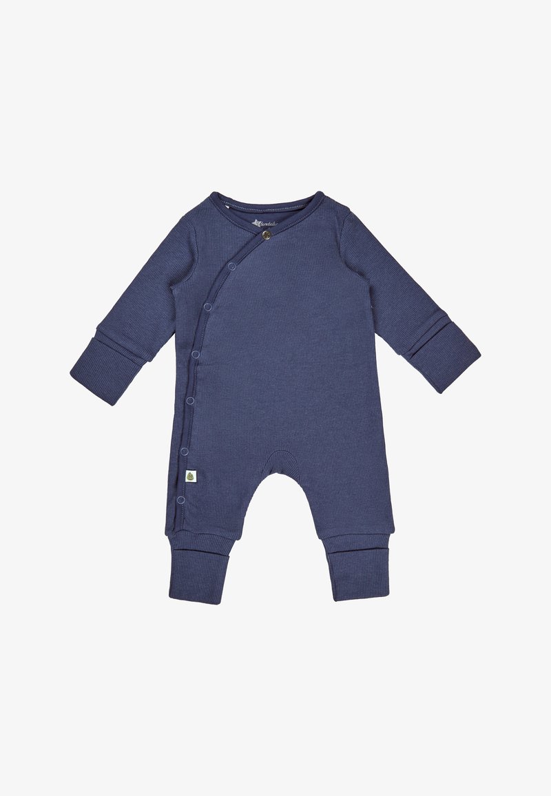 Navy-blauer Baby-Overall aus geripptem Stoff, mit Wickeldesign, Druckknöpfen, langen Ärmeln und gerippten Bündchen.