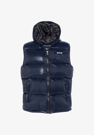 Marineblauwe puffer vest met een glanzende afwerking, rits aan de voorkant en capuchon. Kenmerken zijn het gestikte ontwerp en zijzakken. Binnenvoering in donkere kleur.