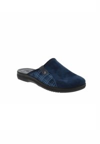 Zoccoli blu navy senza lacci con una morbida finitura in camoscio, caratterizzati da un motivo quadrettato blu testurizzato su un lato e una suola in gomma nera.