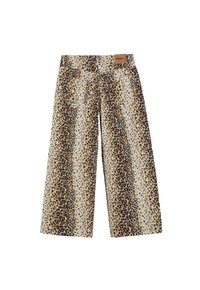 Pantalones de pierna ancha texturizados en crema con un estampado de leopardo que presenta manchas marrones y negras. Incluye una etiqueta de marca en la cinturilla.