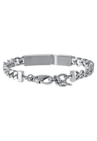 Zilveren kettingarmband met onderling verbonden schakels, een platte rechthoekige plaat en een veilige sluiting. Glad, gepolijst oppervlak.