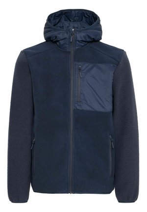 Marineblaues Jacket aus einem Mischgewebe aus Fleece und Nylon. Verfügt über einen Frontreißverschluss, eine Kapuze und eine mit Reißverschluss verschlossene Brusttasche. Strukturierte Ärmel und Körper.