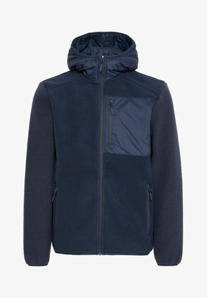 Marineblaues Jacket aus einem Mischgewebe aus Fleece und Nylon. Verfügt über einen Frontreißverschluss, eine Kapuze und eine mit Reißverschluss verschlossene Brusttasche. Strukturierte Ärmel und Körper.