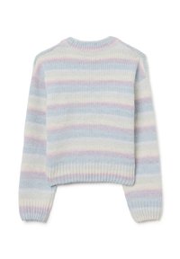 Mehrfarbiger Strickpullover mit horizontalen Streifen in pastellblau, rosa und creme. Rippstrickkragen und -bündchen, lockere Passform.