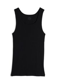 Schwarzes, geripptes Tanktop mit Rundhalsausschnitt und breiten Trägern. Glatte Textur, enganliegendes Design und gerader Saum am Boden.