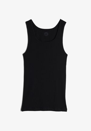 Zwarte geribbelde tanktop met een ronde halslijn en brede schouderbanden. Gladde textuur, aansluitend ontwerp en een rechte zoom aan de onderkant.