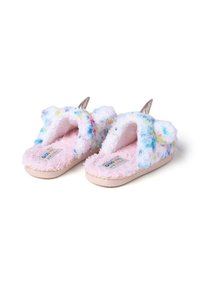 Zapatillas de casa rosas y esponjosas con manchas multicolores, diseño de punta abierta que presenta orejas de oso y acentos de cuerno plateado. Textura suave. Suela plana.