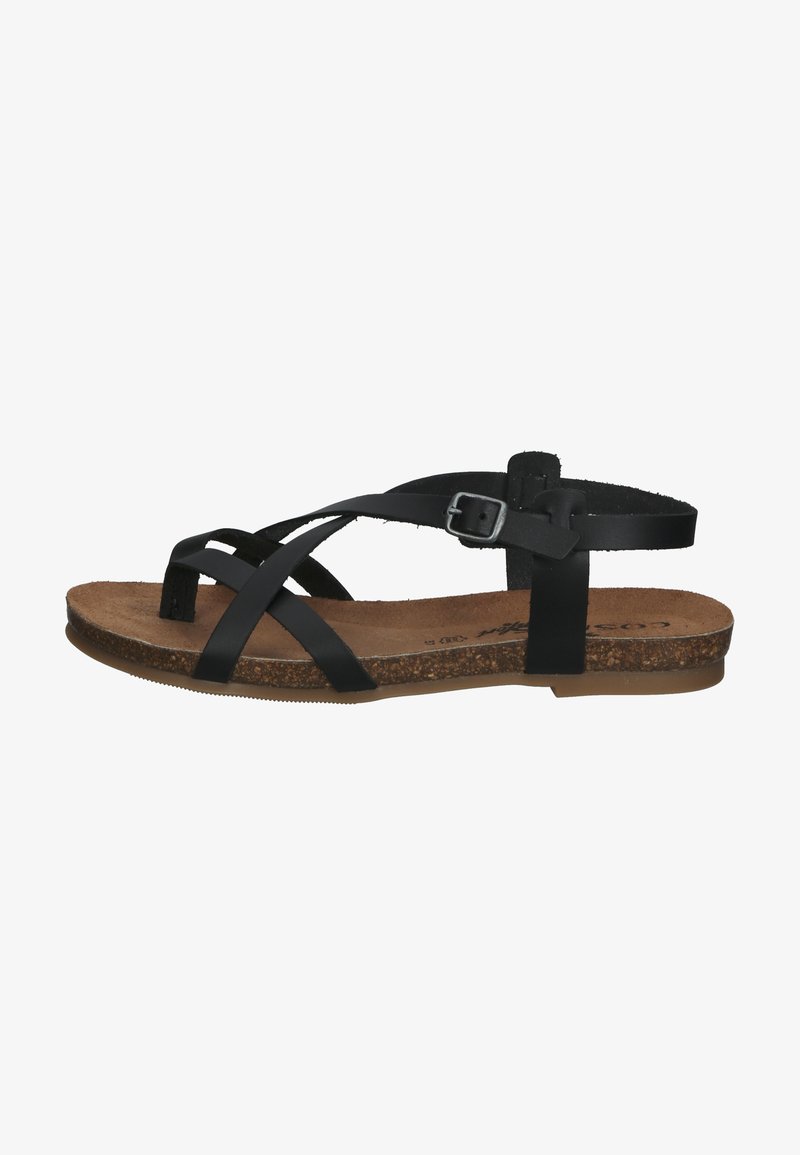 Schwarze Sandale mit Riemen, die eine Korkfußbett, eine flache Gummisohle und eine verstellbare Schnalle bietet. Die Riemen bestehen aus synthetischem Material mit einer glatten Textur.
