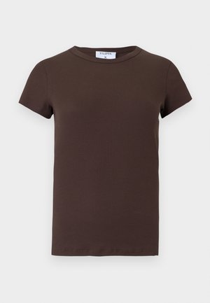 Dark brown short-sleeve ribbed cotton T-shirt with crew neckline and visible white brand label at back neck.