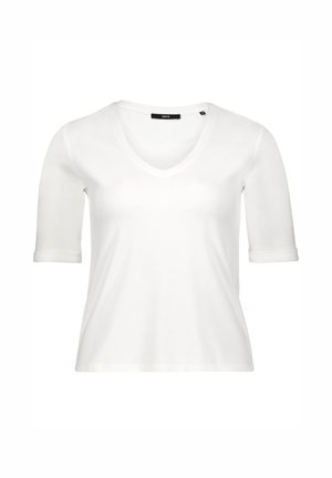 Weißes T-Shirt mit V-Ausschnitt, kurzärmelig, tailliert geschnitten und einem kleinen schwarzen Etikett am Halsausschnitt.