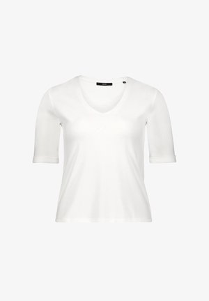 Weißes T-Shirt mit V-Ausschnitt, kurzärmelig, tailliert geschnitten und einem kleinen schwarzen Etikett am Halsausschnitt.