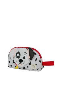 Dalmatiër-thema cosmeticazak met een grijze stoffen oppervlakte, zwarte vlekken, een rode rits en een 3D puppy gezicht ontwerp met een gele label.