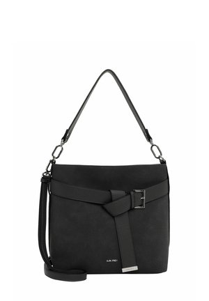 Bolso de mano de cuero negro con correa de hombro desmontable, nudo decorativo y hebilla en la parte delantera, y pequeña placa metálica con logo en la parte inferior.