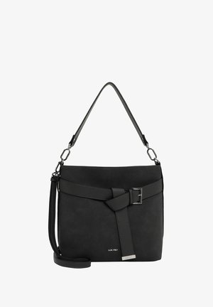 Bolso de mano de cuero negro con correa de hombro desmontable, nudo decorativo y hebilla en la parte delantera, y pequeña placa metálica con logo en la parte inferior.