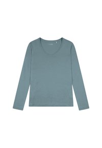 Top a maniche lunghe e collo a V in un morbido colore teal tenue. Realizzato in un tessuto liscio con una vestibilità leggermente ampia, presenta dettagli minimi.