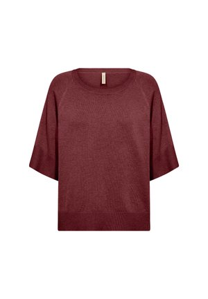 Kurzärmeliger Rundhals-Pullover in Dunkelrot mit gerippten Bündchen und Saum, auf weißem Hintergrund dargestellt.