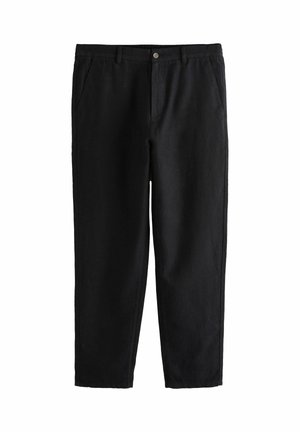 Schwarze Hose aus leichtem Stoff, mit geradem Bein, zwei vorderen Taschen und einem Knopfverschluss an der Taille.