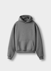Gray cotton-blend hoodie with a front kangaroo pocket, adjustable drawstring hood, and ribbed cuffs and hem. Simple, relaxed fit.