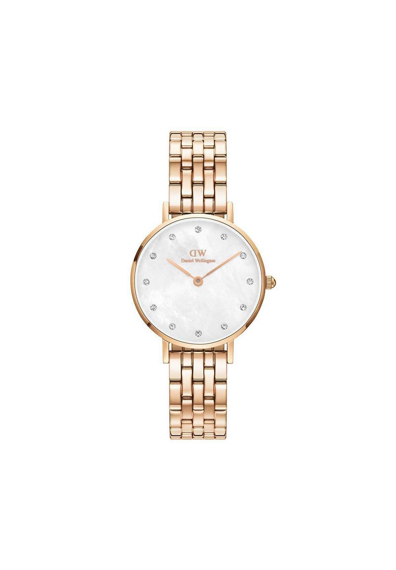 Rose gold watch with a round mother-of-pearl dial, twelve small clear crystal markers, and a linked metal bracelet.