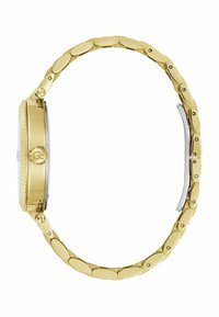 Guldfärgad armbandsklocka med graverad bezel, rund urtavla och länkband med ovalformade länkar. Silverfärgade detaljer synliga.