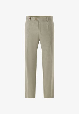 Men's beige dress trousers with belt loops, button closure, and subtle textured fabric.