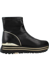 Stivale alla caviglia nero realizzato in pelle liscia con un design elegante. Presenta un accento dorato sul tacco e una suola rigata per una migliore aderenza.