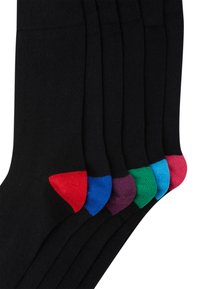 Black socks featuring contrasting colored heels: red, blue, purple, green, and pink; smooth texture and ribbed cuff design.