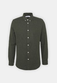 Dark green button-up shirt with a collar, long sleeves, and white buttons. Soft, textured fabric with a slightly curved hem.